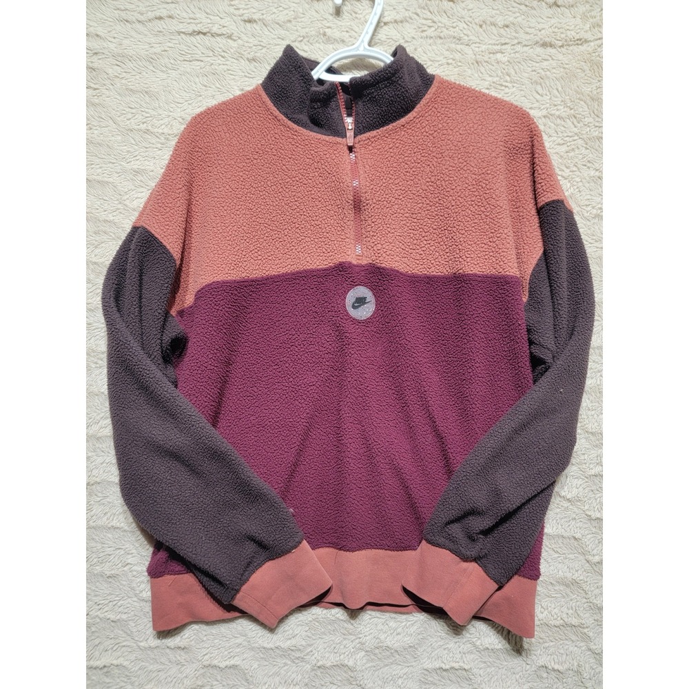 Nike Sportswear Women Sherpa Fleece Colorblock Quarter Zip Pullover Pink Small